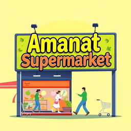 A vibrant and colorful sign board design for a supermarket named 'Amanat Supermarket'