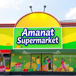 A vibrant and colorful sign board design for a supermarket named 'Amanat Supermarket'