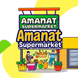 A vibrant and colorful sign board design for a supermarket named 'Amanat Supermarket'