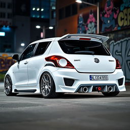 A fully modified white Swift Gen 2 car with an eye-catching design, showcasing sleek body kits, enhanced aerodynamics, custom alloy wheels, tinted windows, and performance-enhancing features