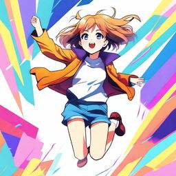 A digital art image showcasing an anime girl happily jumping with excitement