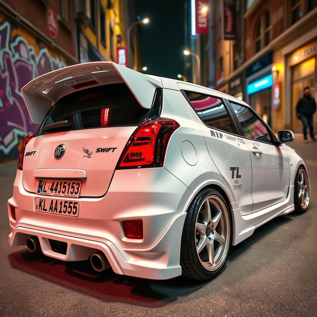 A fully modified white Swift Gen 2 car with an eye-catching design, showcasing sleek body kits, enhanced aerodynamics, custom alloy wheels, tinted windows, and performance-enhancing features