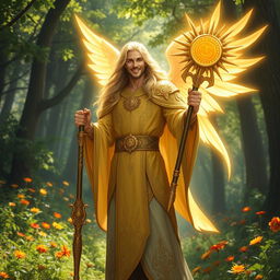 A male aasimar light cleric of Pelor, radiating divine energy and dressed in ornate golden robes adorned with sun motifs