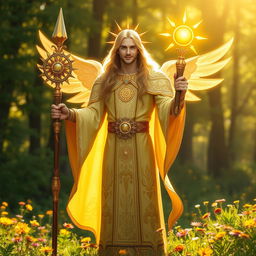 A male aasimar light cleric of Pelor, radiating divine energy and dressed in ornate golden robes adorned with sun motifs