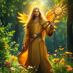 A male aasimar light cleric of Pelor, radiating divine energy and dressed in ornate golden robes adorned with sun motifs