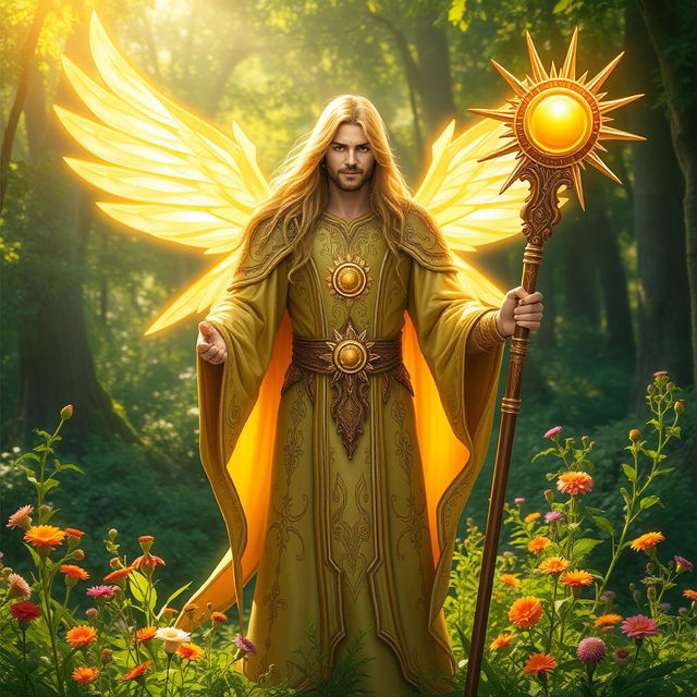 A male aasimar light cleric of Pelor, radiating divine energy and dressed in ornate golden robes adorned with sun motifs