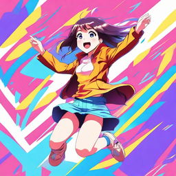 A digital art image showcasing an anime girl happily jumping with excitement