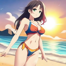 A digital art image of an anime girl in a tasteful swimsuit