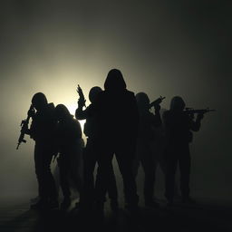 Eight shadowy figures, each holding a gun, positioned in a dynamic formation