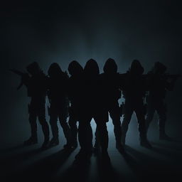 Eight shadowy figures, each holding a gun, positioned in a dynamic formation
