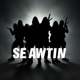 Eight shadowy figures, each holding a gun, positioned in a dynamic formation