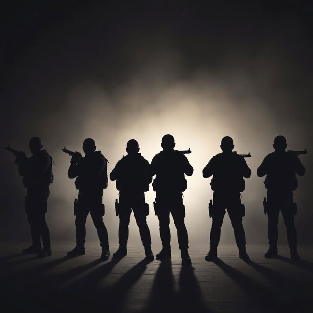 Eight shadowy figures, each holding a gun, positioned in a dynamic formation