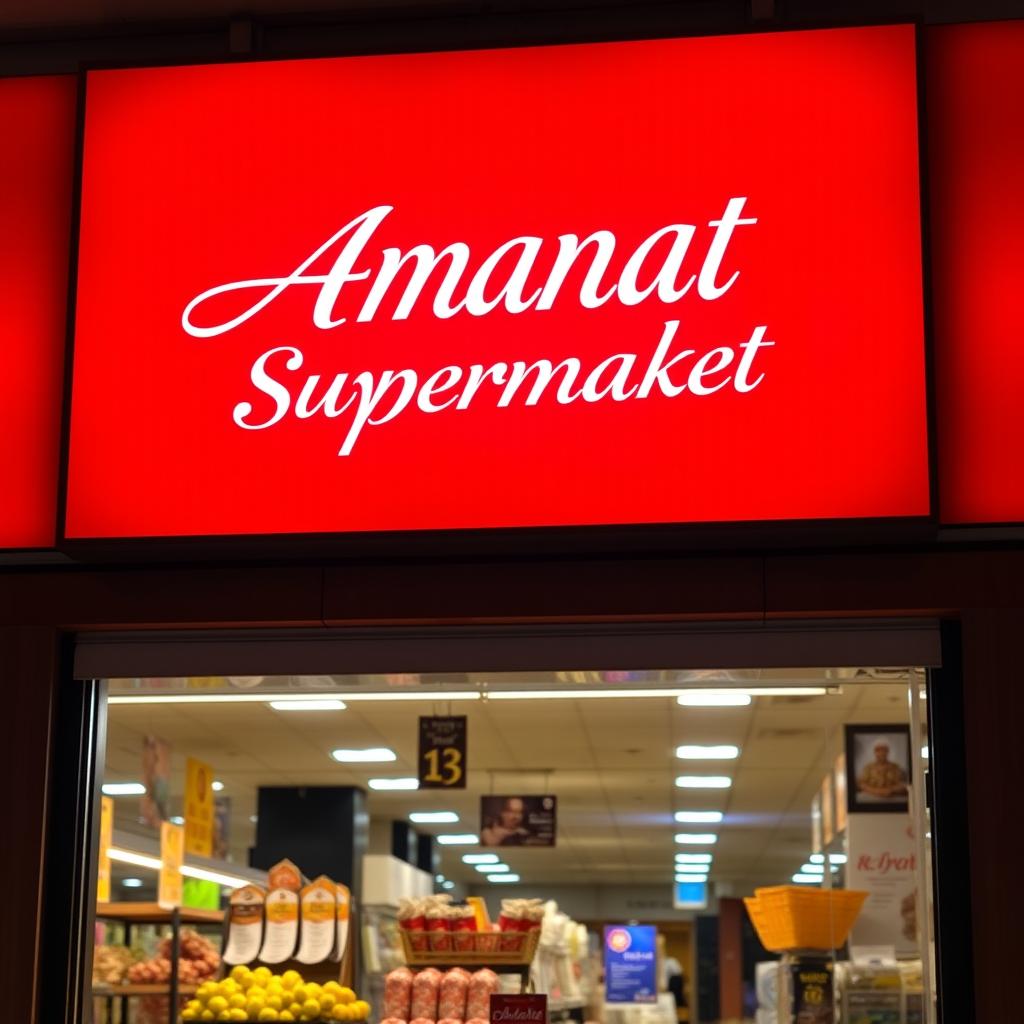 A vibrant and eye-catching banner for 'Amanat Supermarket' featuring a bold, red background