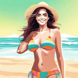 A digital art image depicting a young woman of about 18 years old at the beach