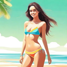 A digital art image depicting a young woman of about 18 years old at the beach