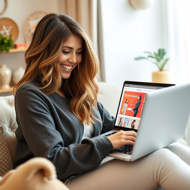 A beautiful woman shopping online at 'Store Oasis' from her personal laptop