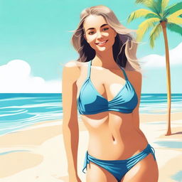 A digital art image depicting a young woman of about 18 years old at the beach