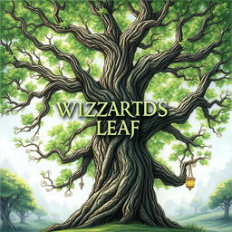 A captivating drawing of a majestic tree with intricate branches and lush green leaves, prominently featuring the text "WIZARDS LEAF" artistically intertwined among the branches