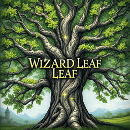 A captivating drawing of a majestic tree with intricate branches and lush green leaves, prominently featuring the text "WIZARDS LEAF" artistically intertwined among the branches