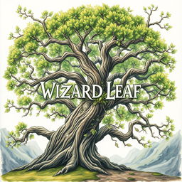 A captivating drawing of a majestic tree with intricate branches and lush green leaves, prominently featuring the text "WIZARDS LEAF" artistically intertwined among the branches