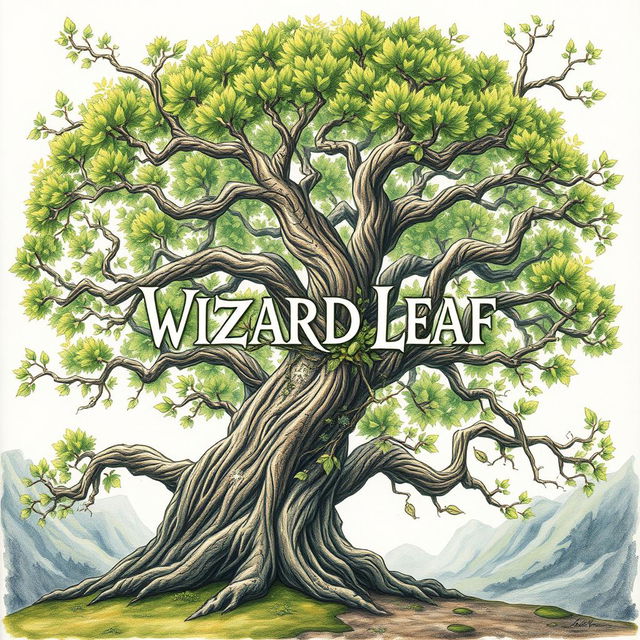 A captivating drawing of a majestic tree with intricate branches and lush green leaves, prominently featuring the text "WIZARDS LEAF" artistically intertwined among the branches