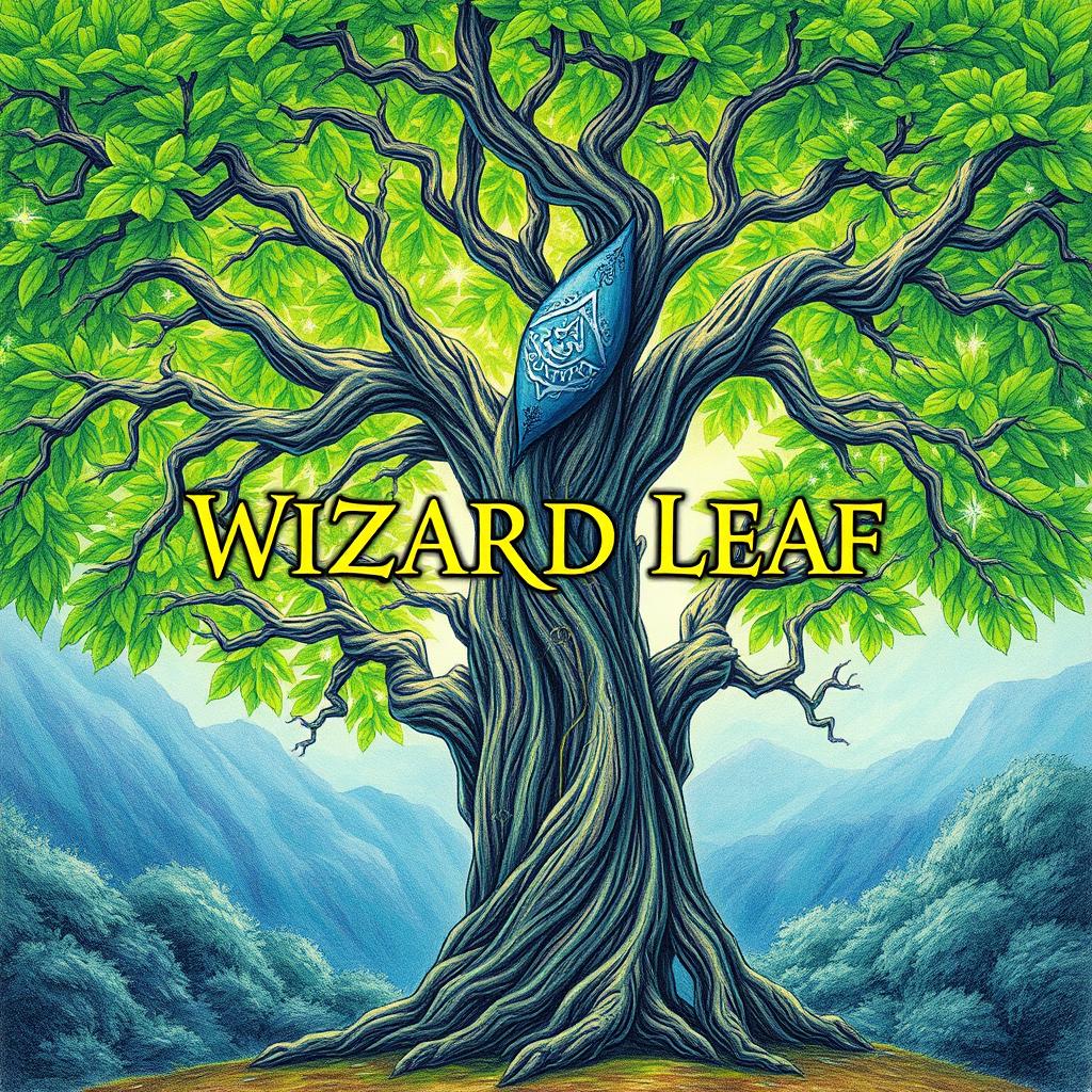 A captivating drawing of a majestic tree with intricate branches and lush green leaves, prominently featuring the text "WIZARDS LEAF" artistically intertwined among the branches
