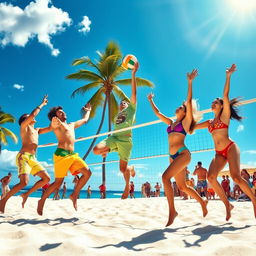 A vibrant beach scene depicting a lively game of beach volleyball