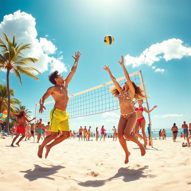 A vibrant beach scene depicting a lively game of beach volleyball