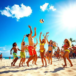 A vibrant beach scene depicting a lively game of beach volleyball