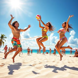 A vibrant beach scene depicting a lively game of beach volleyball