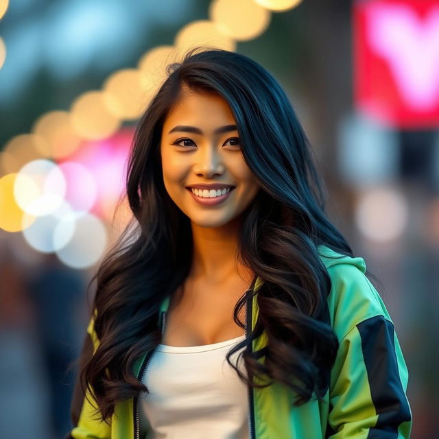 A confident young woman with long wavy black hair styled naturally, wearing a sporty light green and black jacket over a white top