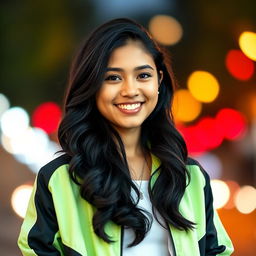 A confident young woman with long wavy black hair styled naturally, wearing a sporty light green and black jacket over a white top