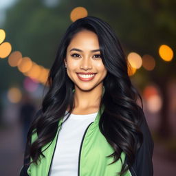 A confident young woman with long wavy black hair styled naturally, wearing a sporty light green and black jacket over a white top