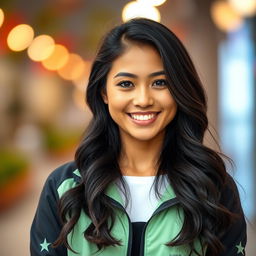 A confident young woman with long wavy black hair styled naturally, wearing a sporty light green and black jacket over a white top