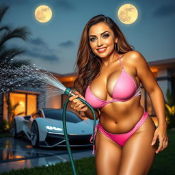Full body image of a seductive 55-year-old Middle Eastern woman with long wavy brown hair and striking cyan eyes