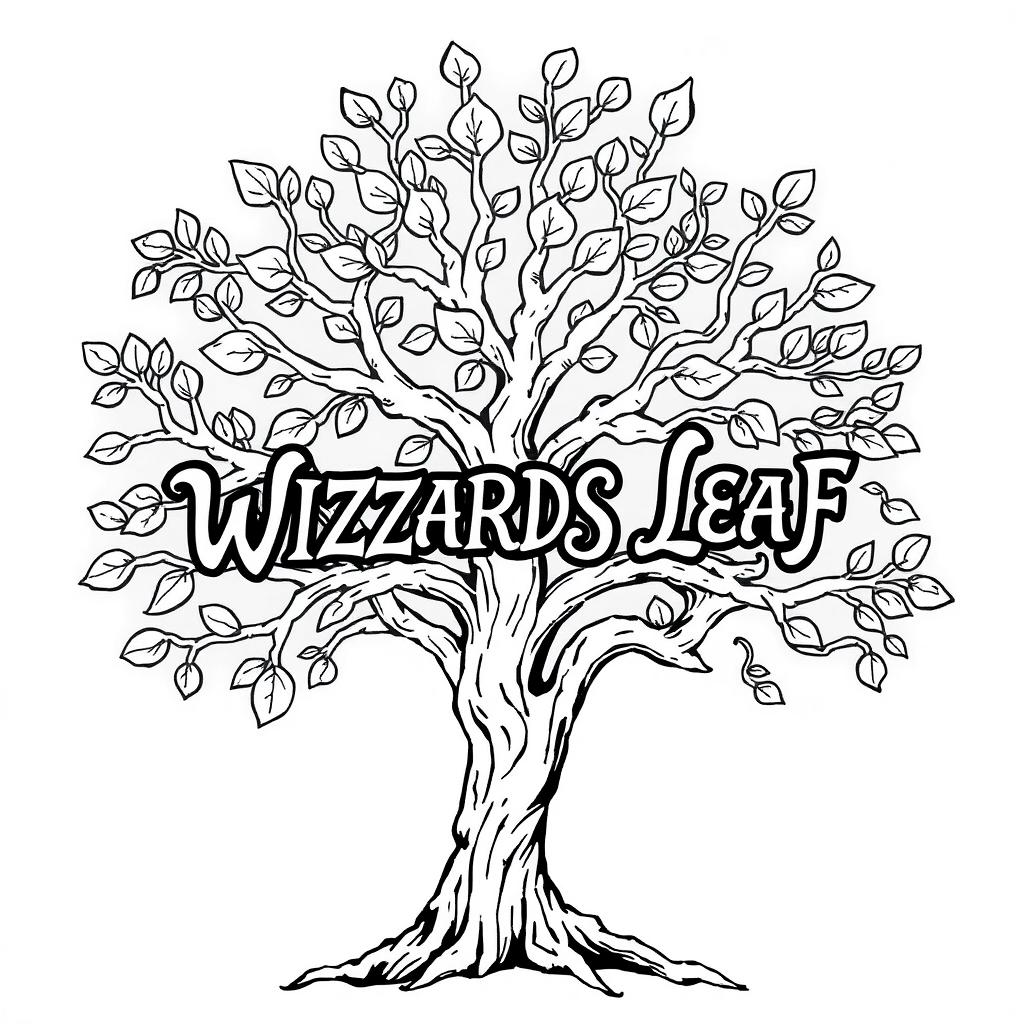 A detailed drawing of a stylized tree in black and white outline