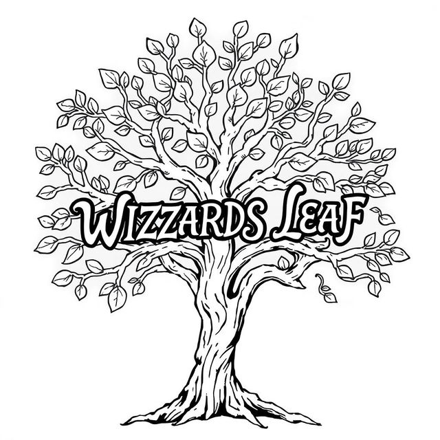 A detailed drawing of a stylized tree in black and white outline