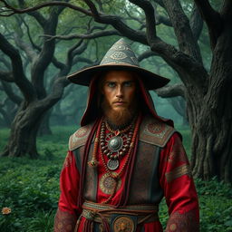A mystical scene featuring a man with vibrant red skin, adorned in traditional witch-like attire inspired by Sanandaj culture