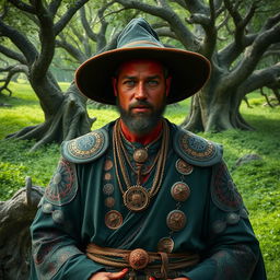 A mystical scene featuring a man with vibrant red skin, adorned in traditional witch-like attire inspired by Sanandaj culture
