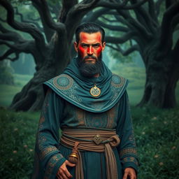A mystical scene featuring a man with vibrant red skin, adorned in traditional witch-like attire inspired by Sanandaj culture