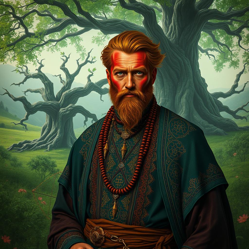 A mystical scene featuring a man with vibrant red skin, adorned in traditional witch-like attire inspired by Sanandaj culture