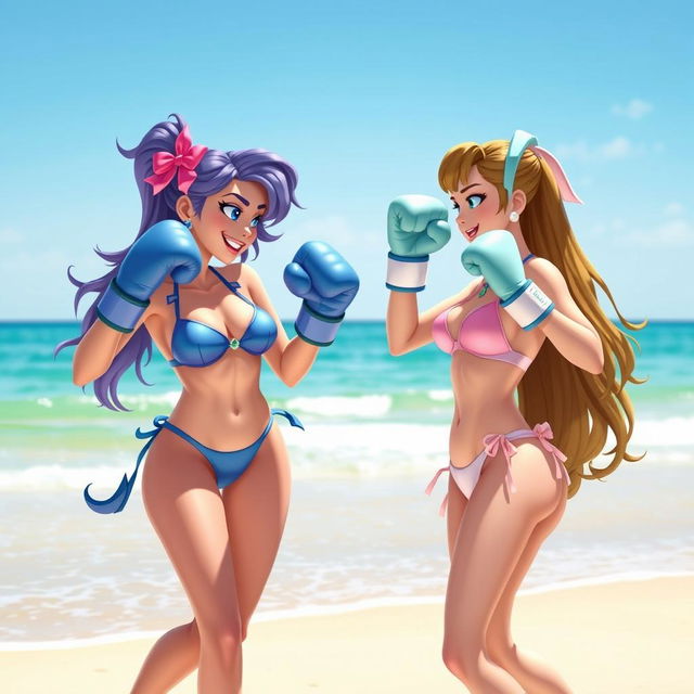 A dynamic scene featuring two characters, Lapis and Pearl, engaged in a playful beach bikini boxing match