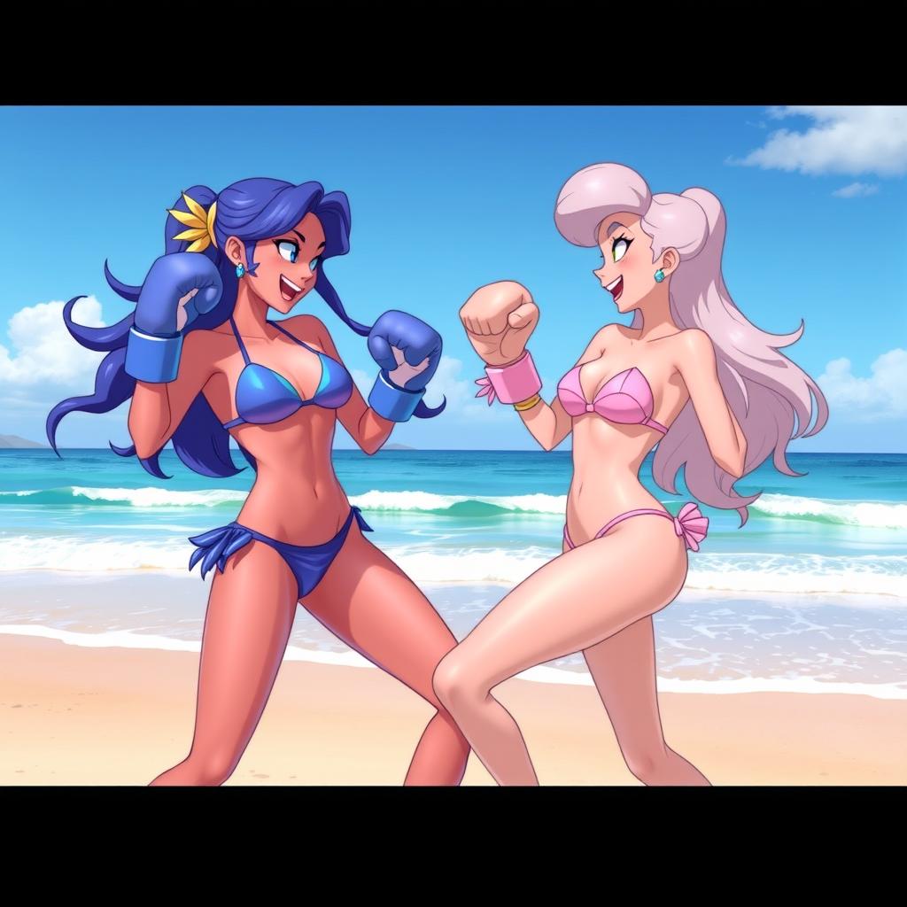 A dynamic scene featuring two characters, Lapis and Pearl, engaged in a playful beach bikini boxing match