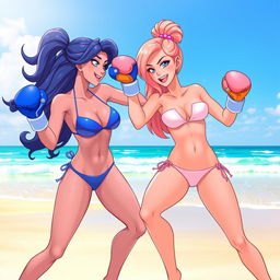 A dynamic scene featuring two characters, Lapis and Pearl, engaged in a playful beach bikini boxing match
