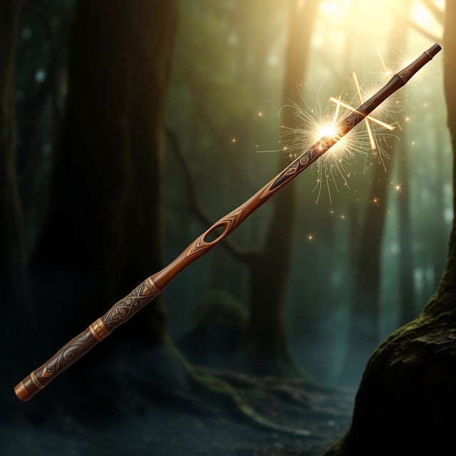 A detailed representation of a Harry Potter-style wand, featuring a core made from thestral tail hair, measuring 27