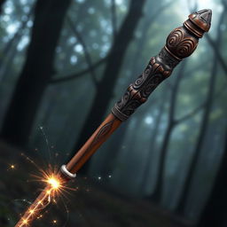 A detailed representation of a Harry Potter-style wand, featuring a core made from thestral tail hair, measuring 27