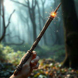 A detailed representation of a Harry Potter-style wand, featuring a core made from thestral tail hair, measuring 27