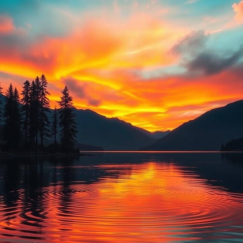A beautifully captured cinematic scene featuring a vibrant sunset over a serene lake, with reflections of the colorful sky on the water's surface