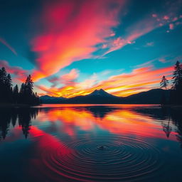 A beautifully captured cinematic scene featuring a vibrant sunset over a serene lake, with reflections of the colorful sky on the water's surface