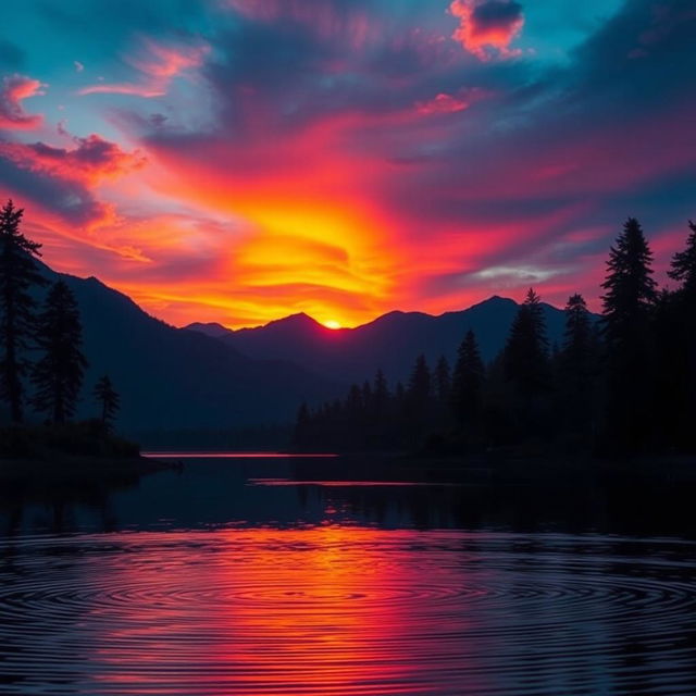 A beautifully captured cinematic scene featuring a vibrant sunset over a serene lake, with reflections of the colorful sky on the water's surface